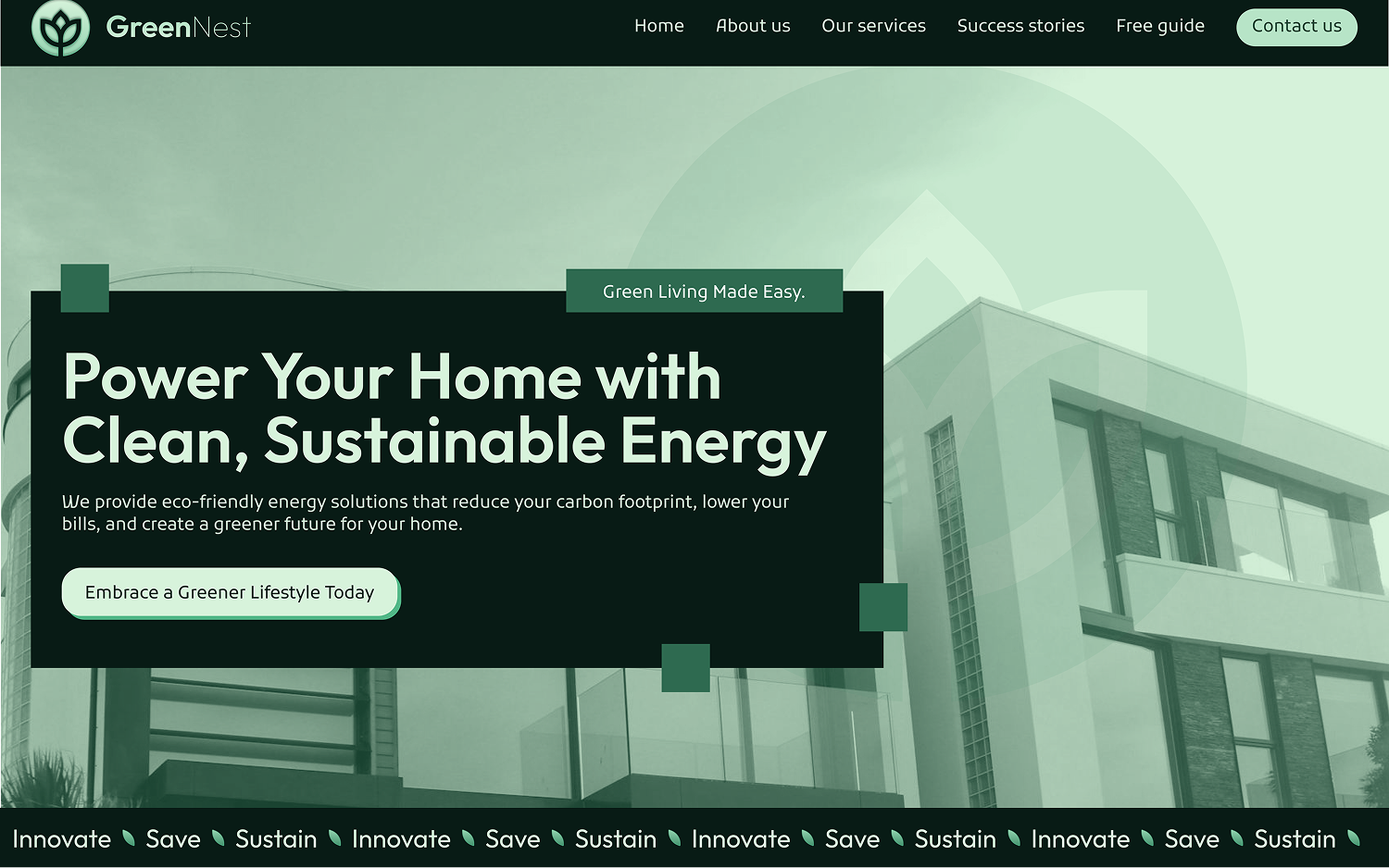GreenNest website header showing a modern home with overlay text promoting clean, sustainable energy solutions for eco-friendly living.