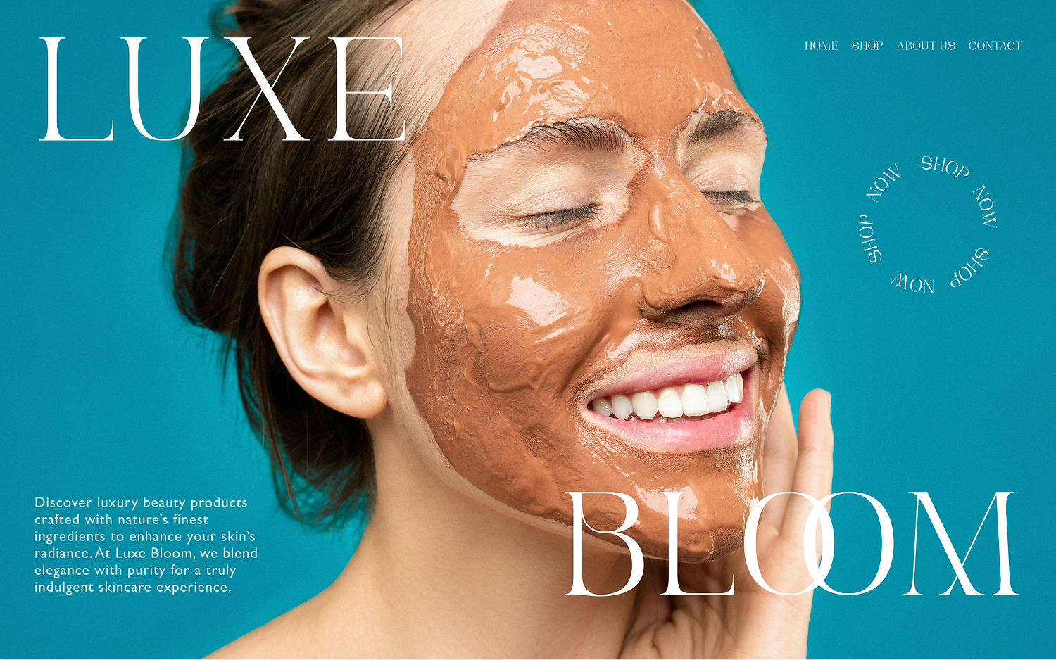 Woman smiling with eyes closed applying a rich brown facial mask, promoting luxury skincare.