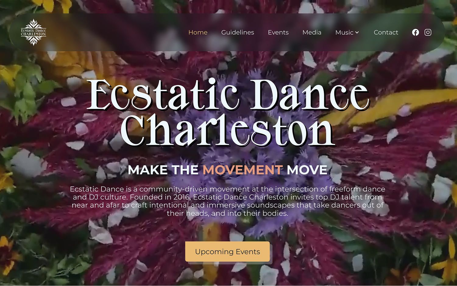 Website homepage for Ecstatic Dance Charleston with floral background, navigation menu, and text about a community-driven dance and DJ culture movement.