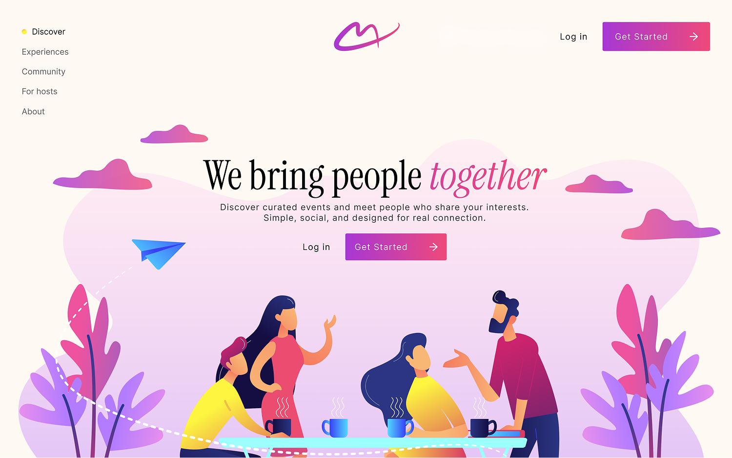 Illustration of four people sitting and standing around a table with coffee cups, with a paper airplane flying above and text 'We bring people together' promoting social connection events.