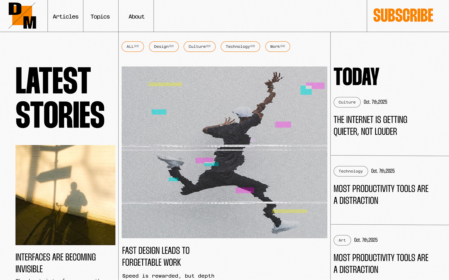 Website layout showing a digital magazine with sections for latest stories including articles on interfaces, fast design, internet culture, productivity tools, and art, featuring a pixelated image of a jumping person.