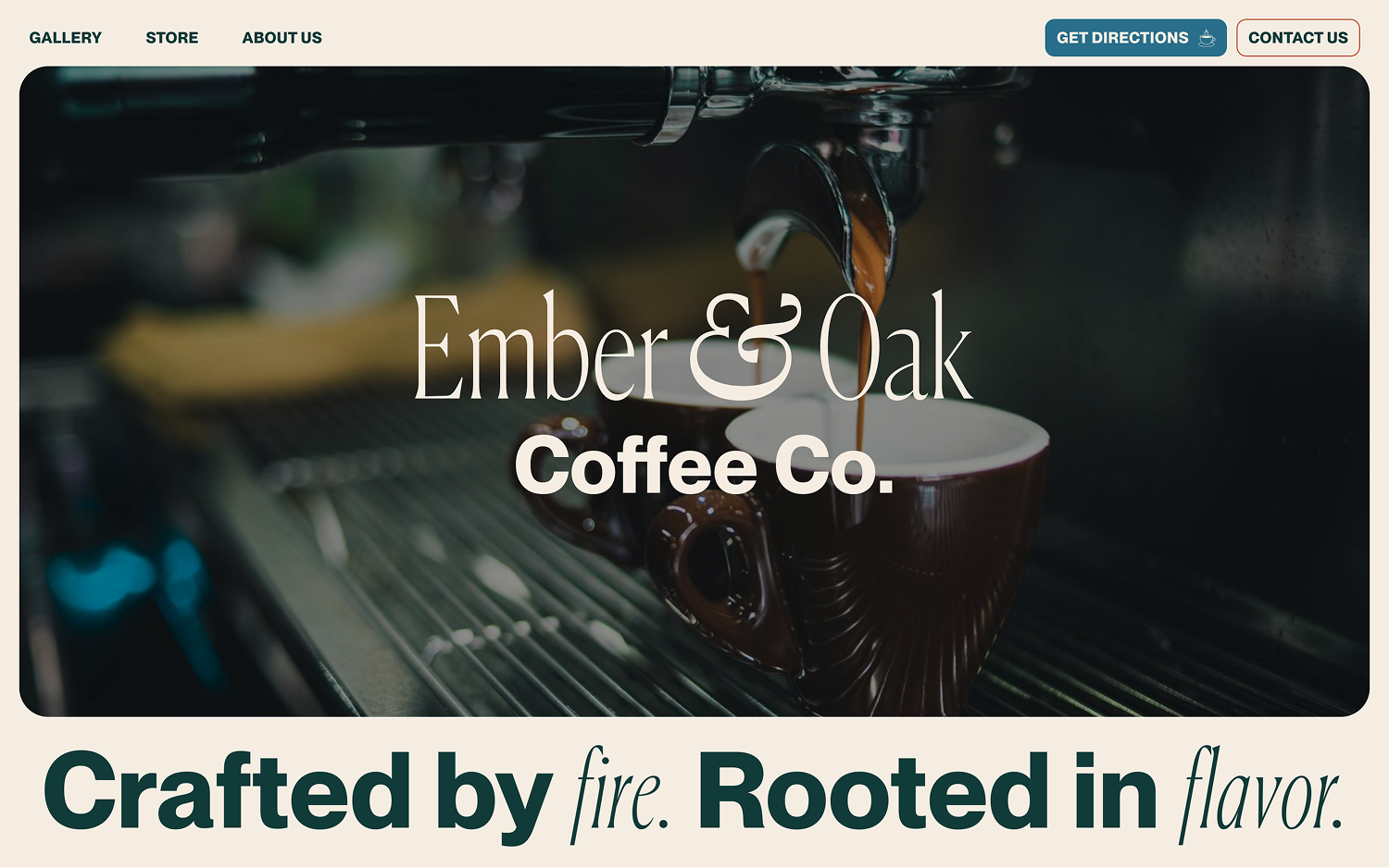 Espresso machine pouring coffee into dark brown ceramic cups with the text 'Ember & Oak Coffee Co.' and slogan 'Crafted by fire. Rooted in flavor.'