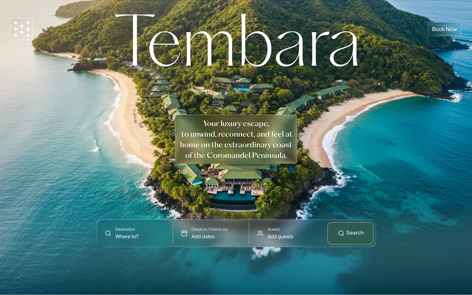 Aerial view of Tembara resort nestled between two turquoise bays with sandy beaches and lush green hills on the Coromandel Peninsula.