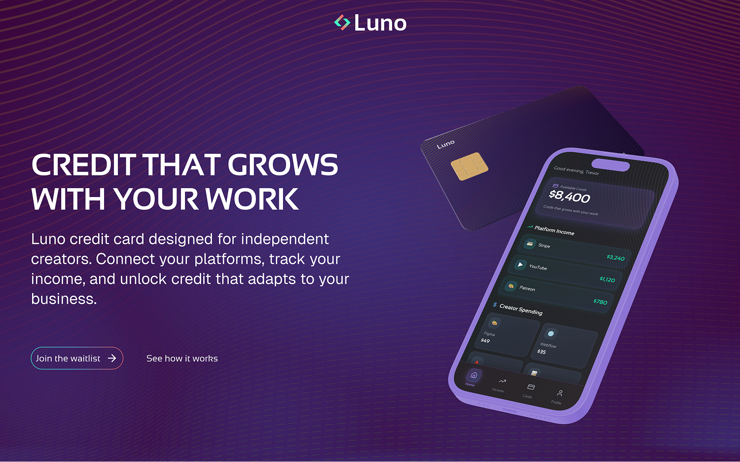 Luno credit card and smartphone displaying app dashboard with available credit, platform income, and creator spending on a purple patterned background.