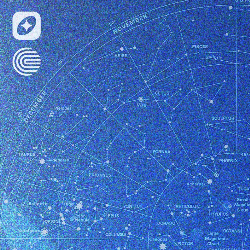 Blue celestial map displaying constellations, star names, and months November and December.
