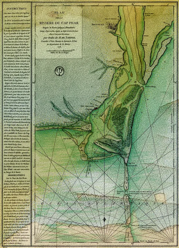 Vintage hand-drawn nautical map of the Rivière du Cap Fear area, showing coastlines, river paths, depth soundings, and navigational instructions in French.