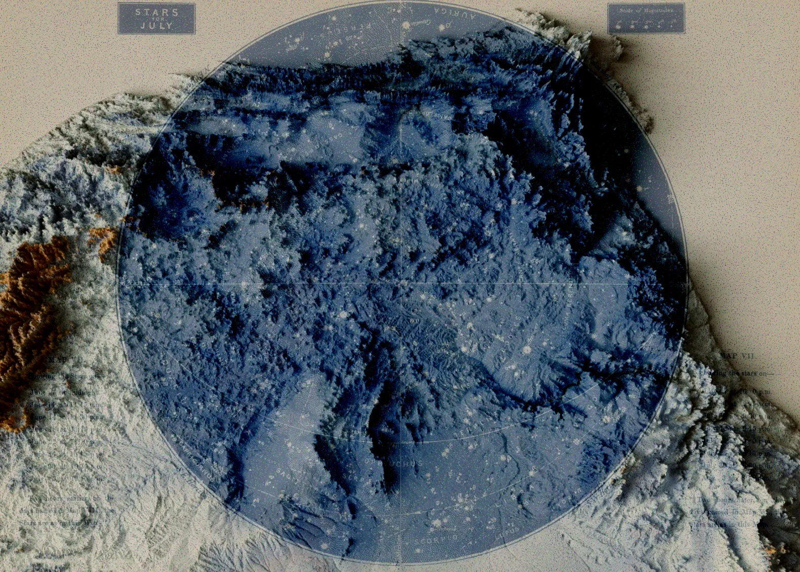 Map of July night sky showing stars and constellations overlaid on mountain terrain.