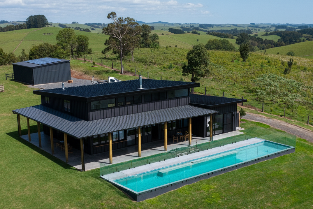 Lap pool beside a modern rural home