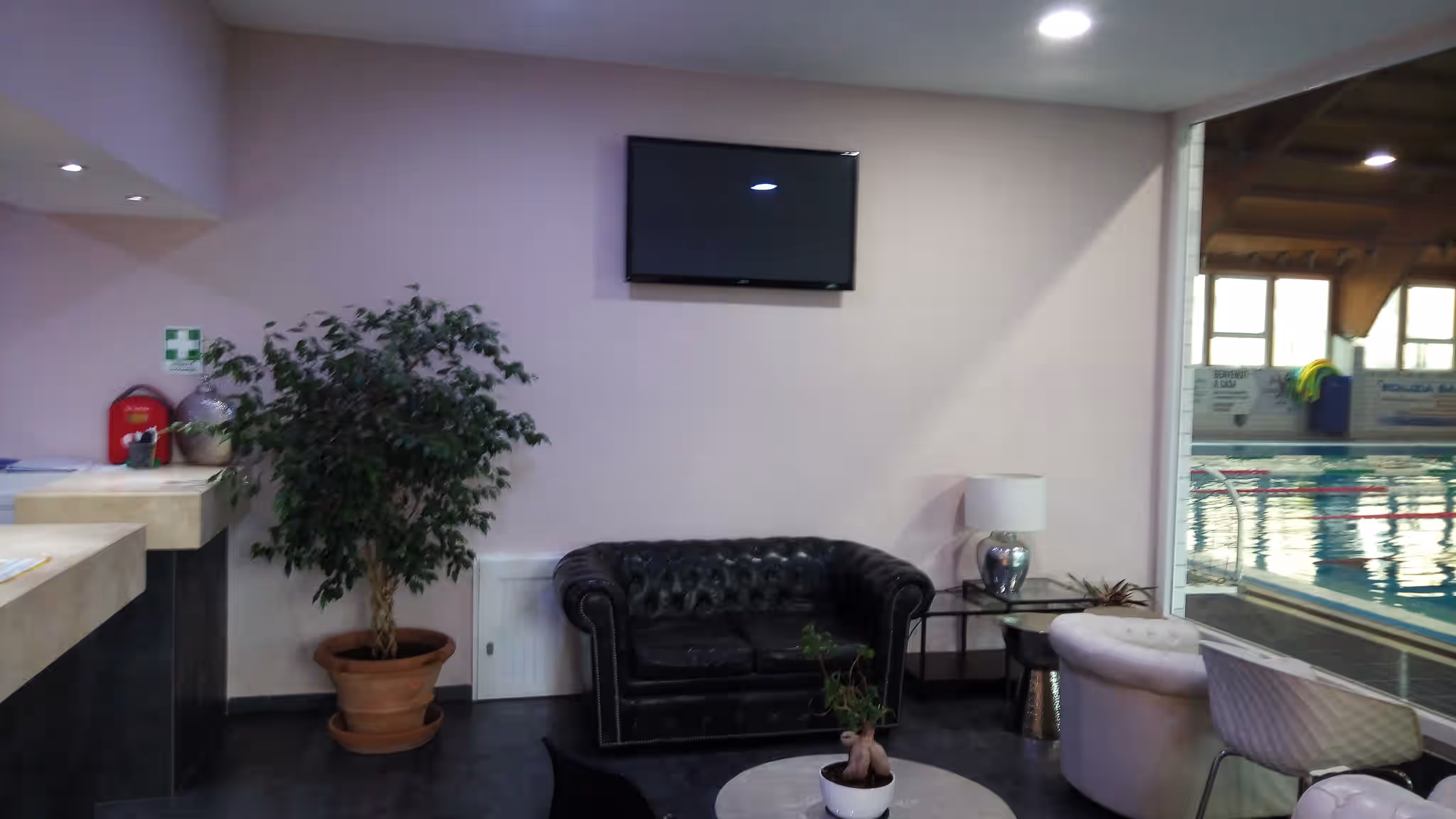 Zona di attesa con divano nero, poltrone bianche, tavolini con piante, una pianta grande in vaso e vista su piscina coperta.