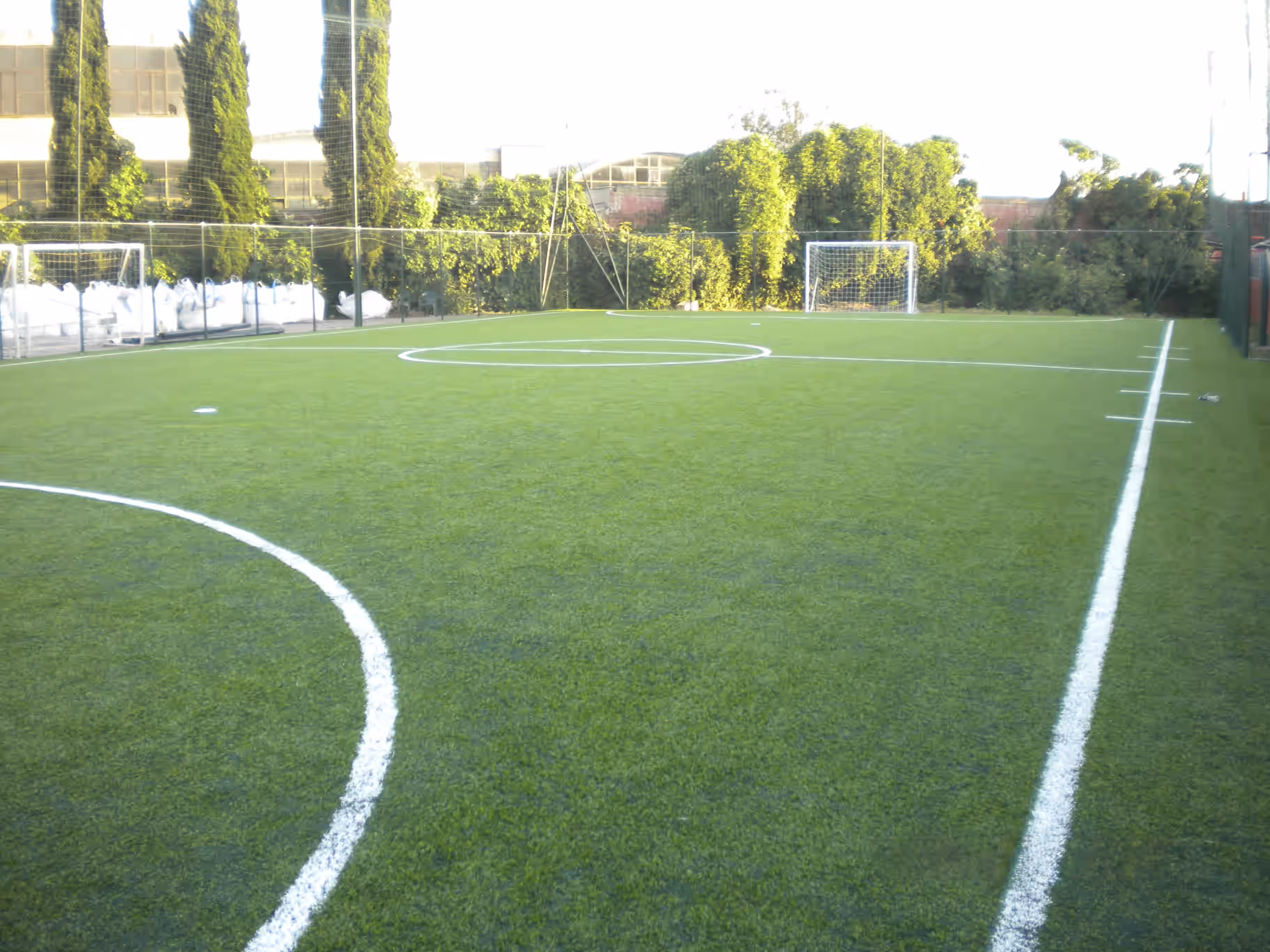 Campo da calcio a 5 all'aperto con erba sintetica e due porte su entrambi i lati, circondato da alberi e siepi.
