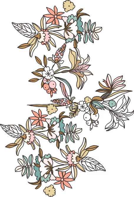 Hand-drawn vintage floral pattern with pink, cream, blue, and brown flowers and leaves on transparent background.