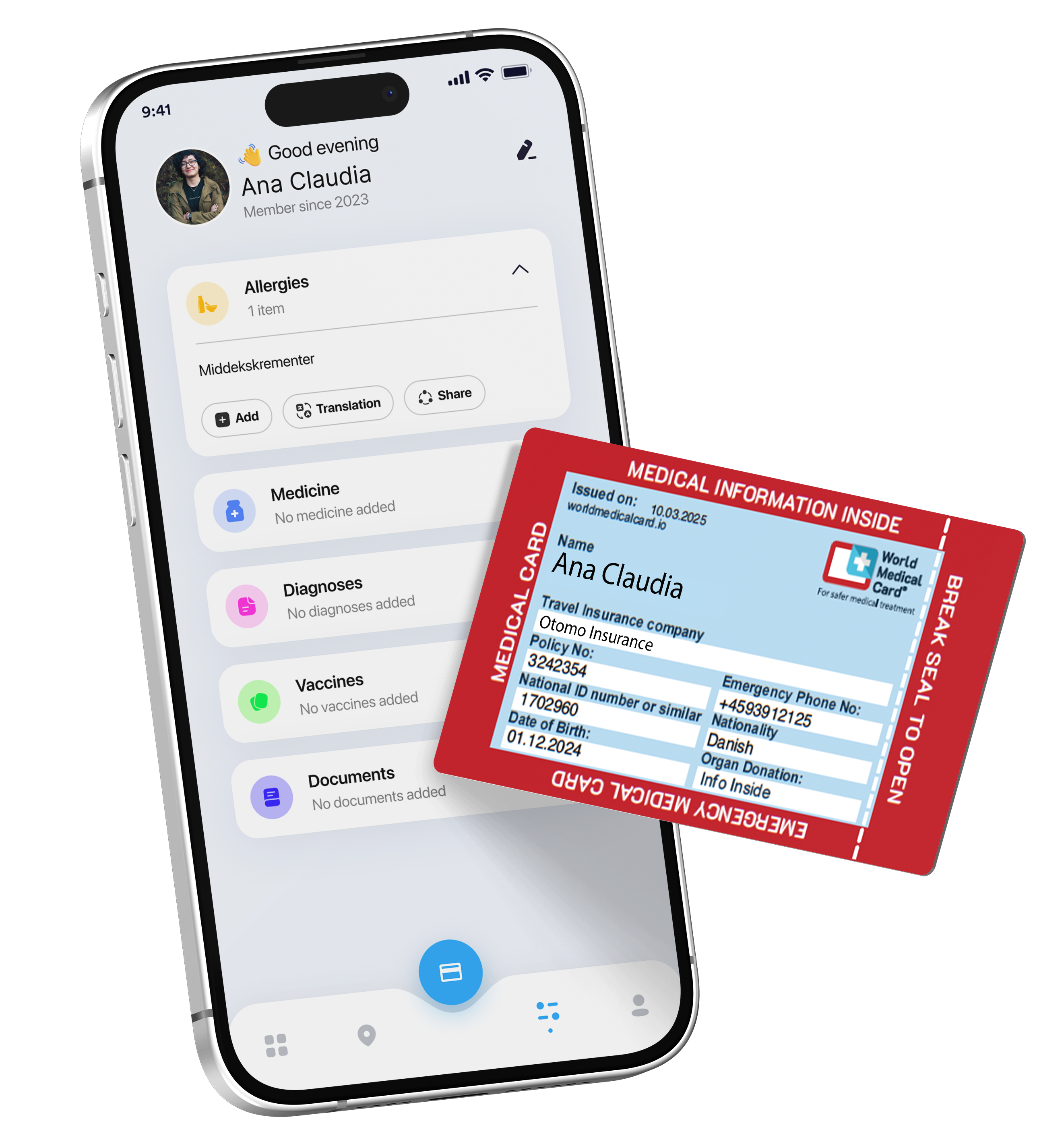 World Medical Card app and health ID card.