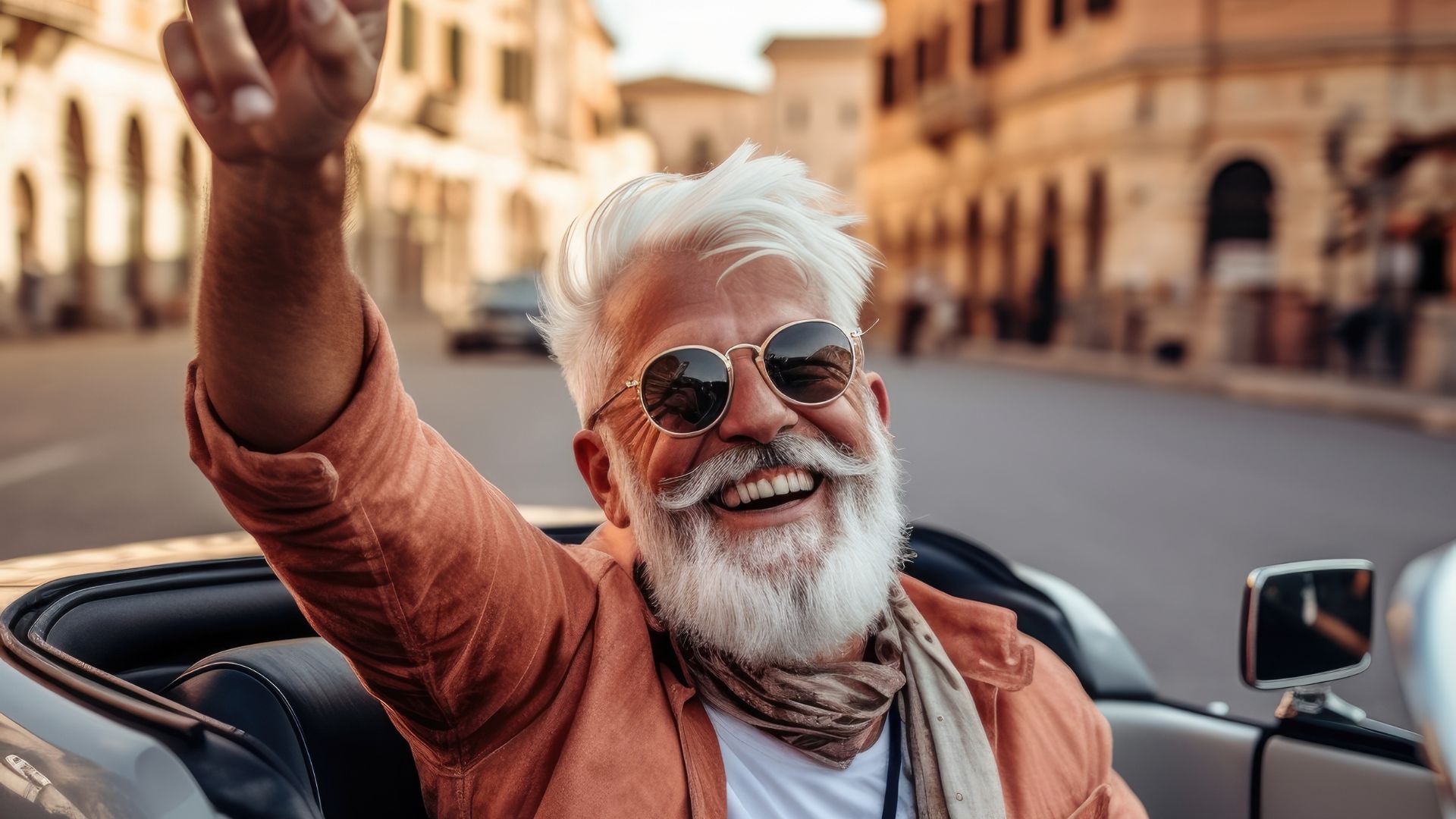 Smiling older man in sunglasses waving from a convertible car