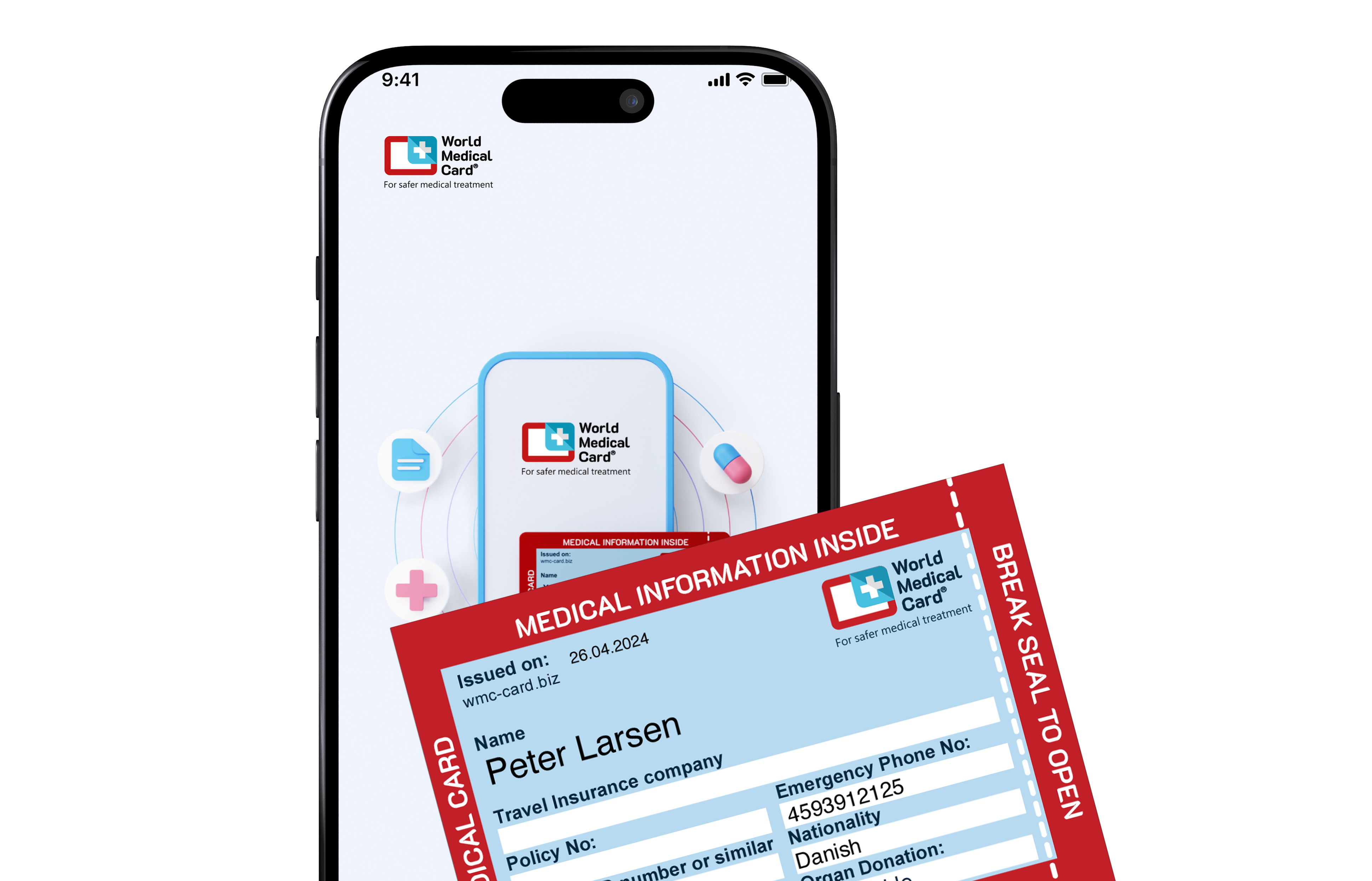 World Medical Card app on a phone next to an open medical information card
