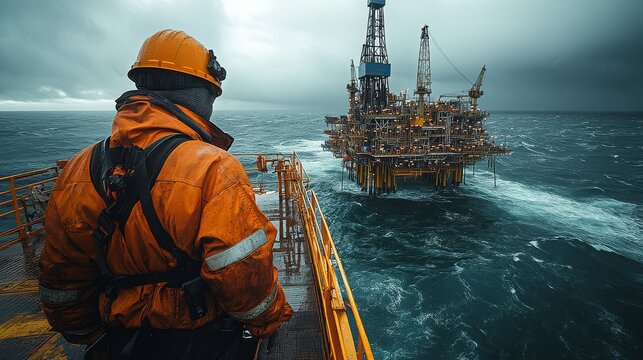 Offshore worker in safety gear looking at an oil platform at sea