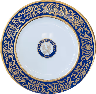 Decorative white plate with a blue and gold ornate border featuring the State of Louisiana seal in the center.