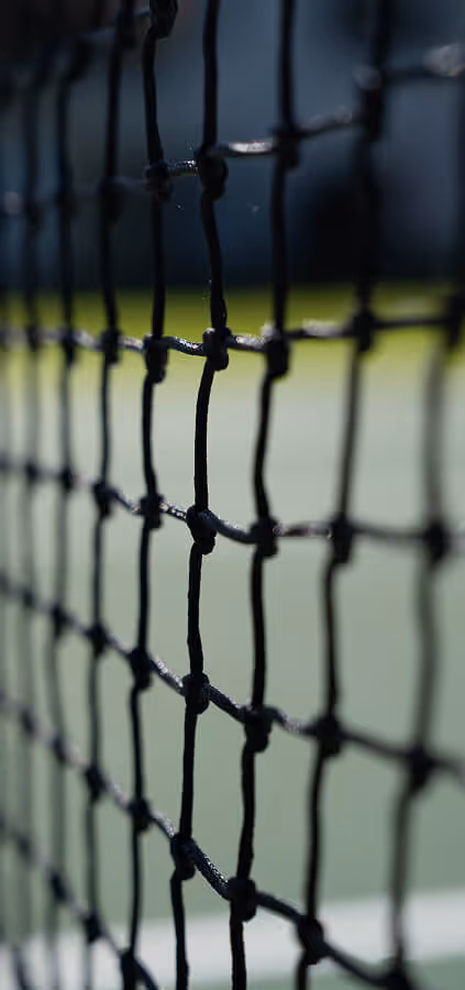 Close-up of a tennis net with an out-of-focus tennis court and green grass in the background.