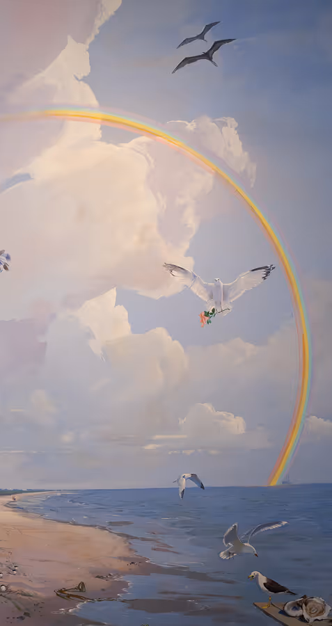 Seaside scene with seagulls flying and standing by the shore under a large rainbow arching across a cloudy sky.