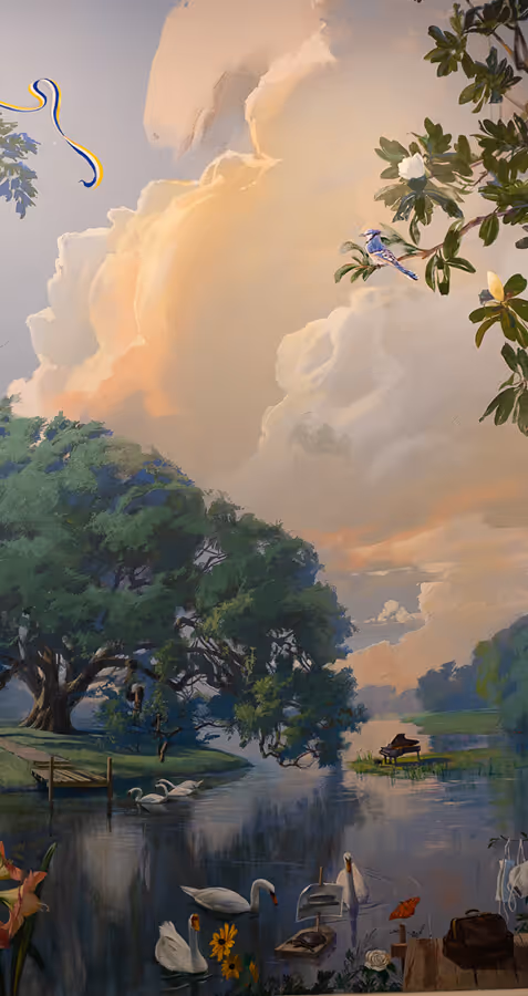Serene lake scene with swans swimming, large leafy trees, birds perched on branches, and a piano on a small grassy island under a cloudy sky.