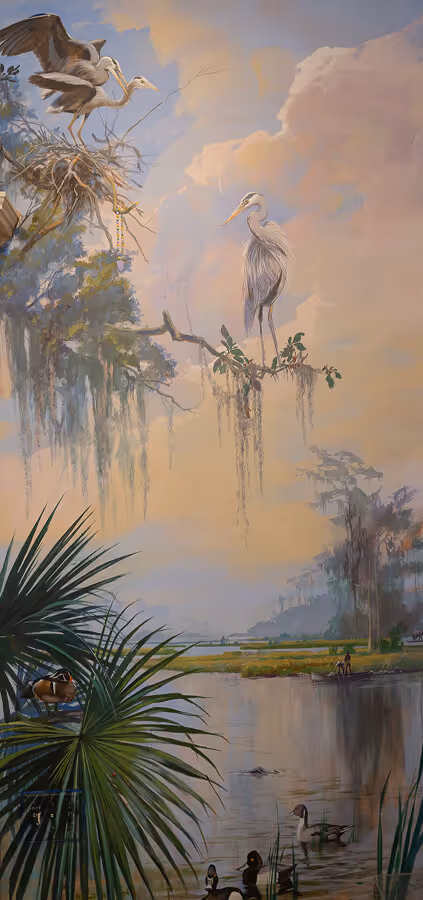 Scenic painting of a wetland at sunset featuring two herons perched on branches and ducks swimming in the water below, with lush greenery and distant trees.