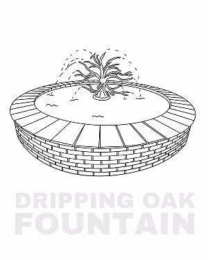 Black and white line drawing of a round brick fountain with water spraying from a central oak-shaped spout.