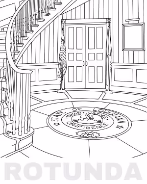 Black and white line drawing of a rotunda with spiral staircase, double doors, two flags, and the Alabama state seal on the floor.