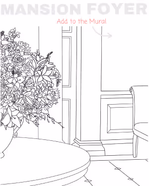 Black and white line drawing of a mansion foyer with a large floral arrangement on a round table and a partially visible chair.