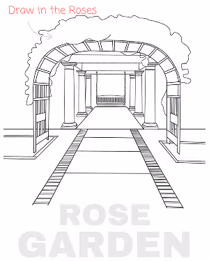 Black and white coloring page of a garden pathway with an arched trellis and columns, titled 'ROSE GARDEN' with instruction to 'Draw in the Roses'.