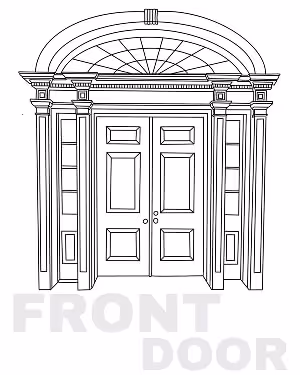 Black and white line drawing of a decorative double front door with sidelights and a fanlight arch above.