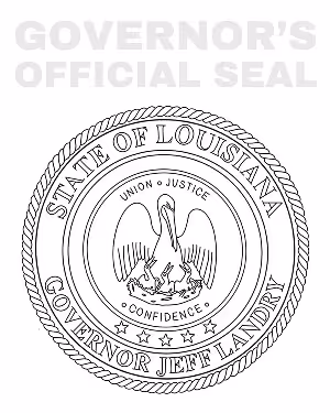 Black and white line drawing of the official State of Louisiana governor's seal featuring a pelican feeding its young with the words 'Union Justice Confidence' and stars around the central image.