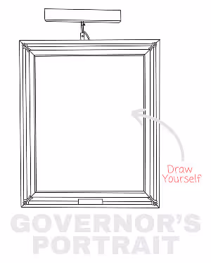 Empty framed portrait with a sign above and text prompting 'Draw Yourself.'