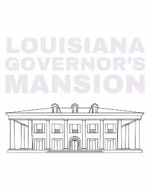 Black and white line drawing of the Louisiana Governor's Mansion showing its front façade with columns and windows.