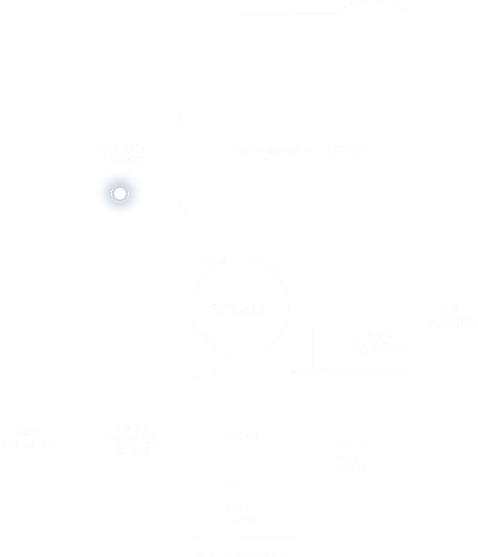 Architectural floor plan showing rooms labeled Entrance, Foyer, Rotunda, State Drawing Room, State Dining Room, State Butlery, Residence and Offices, and terraces and verandas.