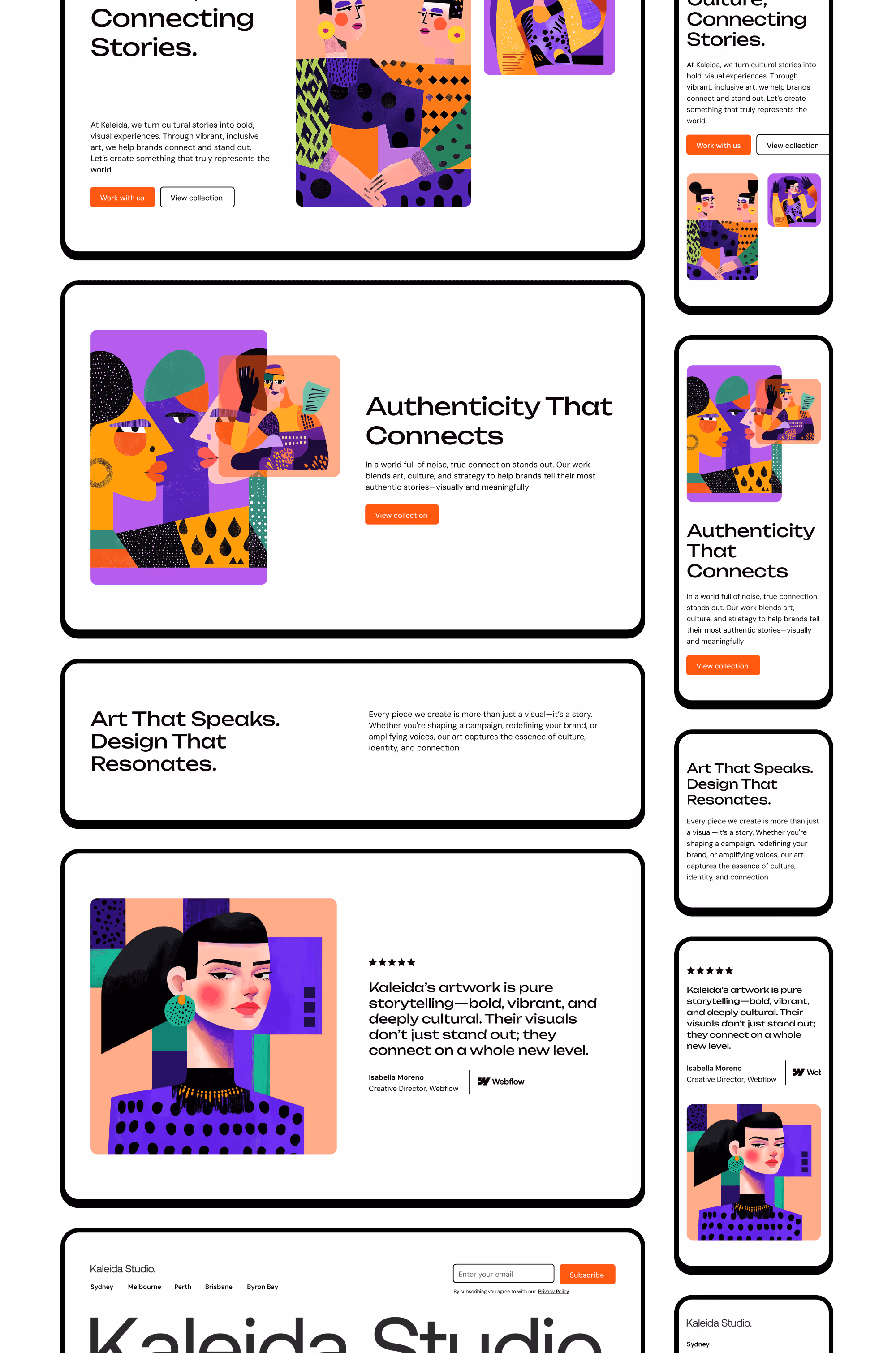 Website layout with colorful abstract portraits and texts about cultural storytelling, authenticity, and art design.