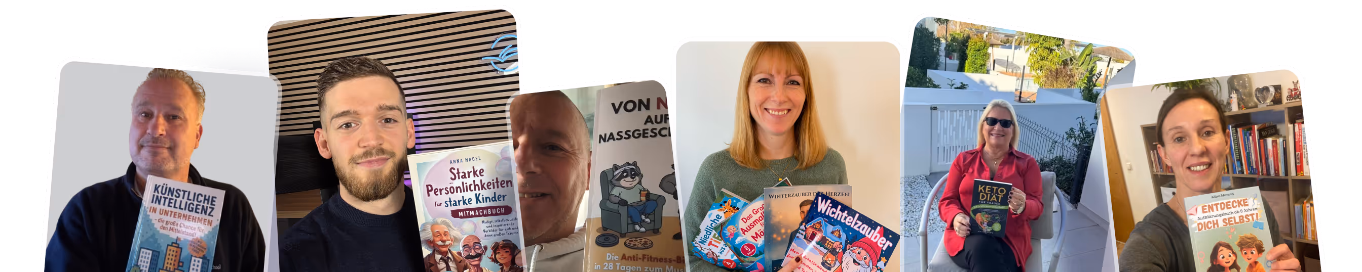 Sieben Personen halten jeweils ihre Lieblingsbücher vor weißem Hintergrund und im Freien.