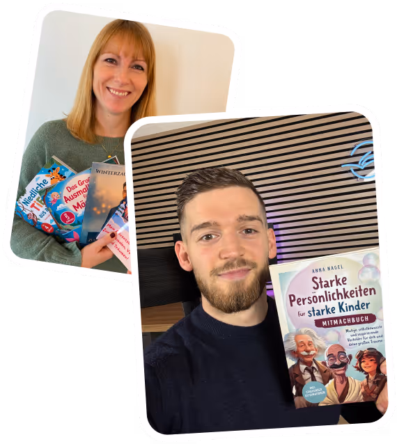 Frau mit langen blonden Haaren hält mehrere farbenfrohe Kinderbücher, Mann mit kurzem Haar und Bart präsentiert ein Buch über starke Persönlichkeiten für Kinder.