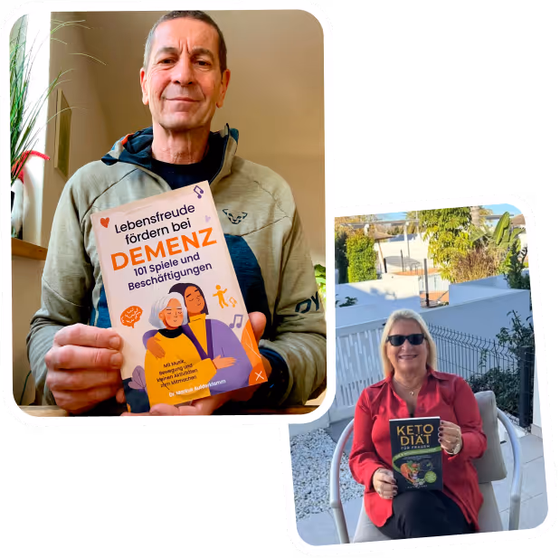 Ein Mann hält ein Buch mit dem Titel „Lebensfreude fördern bei DEMENZ: 101 Spiele und Beschäftigungen“; daneben sitzt eine Frau draußen in einem Garten mit Sonnenbrille und hält ein Buch mit dem Titel „KETO DIÄT“.