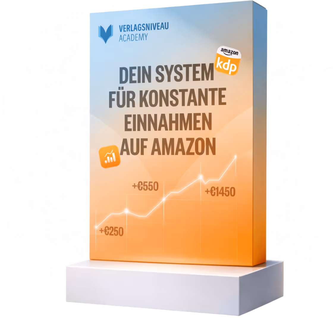 Verlagsniveau Academy Kursbox mit dem Titel ‚Dein System für konstante Einnahmen auf Amazon‘ und einem Diagramm, das steigende Einnahmen von +€250, +€550 bis +€1450 zeigt.