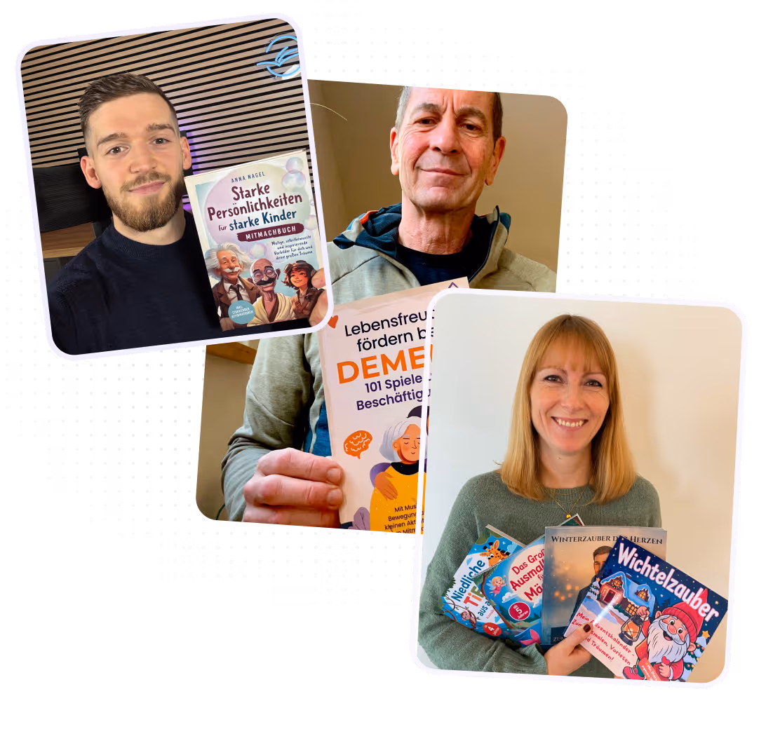 Drei Personen zeigen jeweils ein Buch, darunter "Starke Persönlichkeiten für starke Kinder", "Lebensfreude fördern bei Demenz" und Kinderbücher mit weihnachtlichen Motiven.