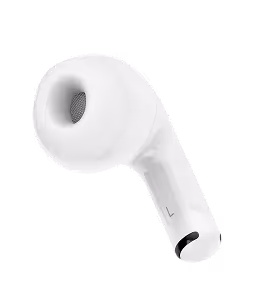 Weißes kabelloses In-Ear-Ohrhörer mit Silikonspitze auf schwarzem Hintergrund.