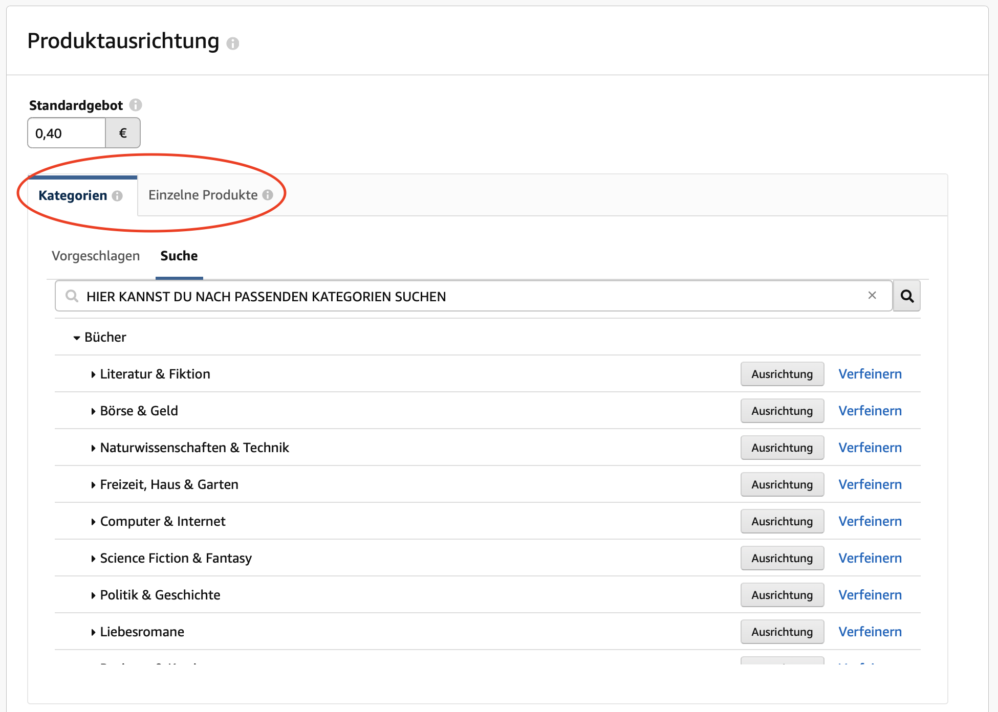 Amazon PPC mit Kategorien