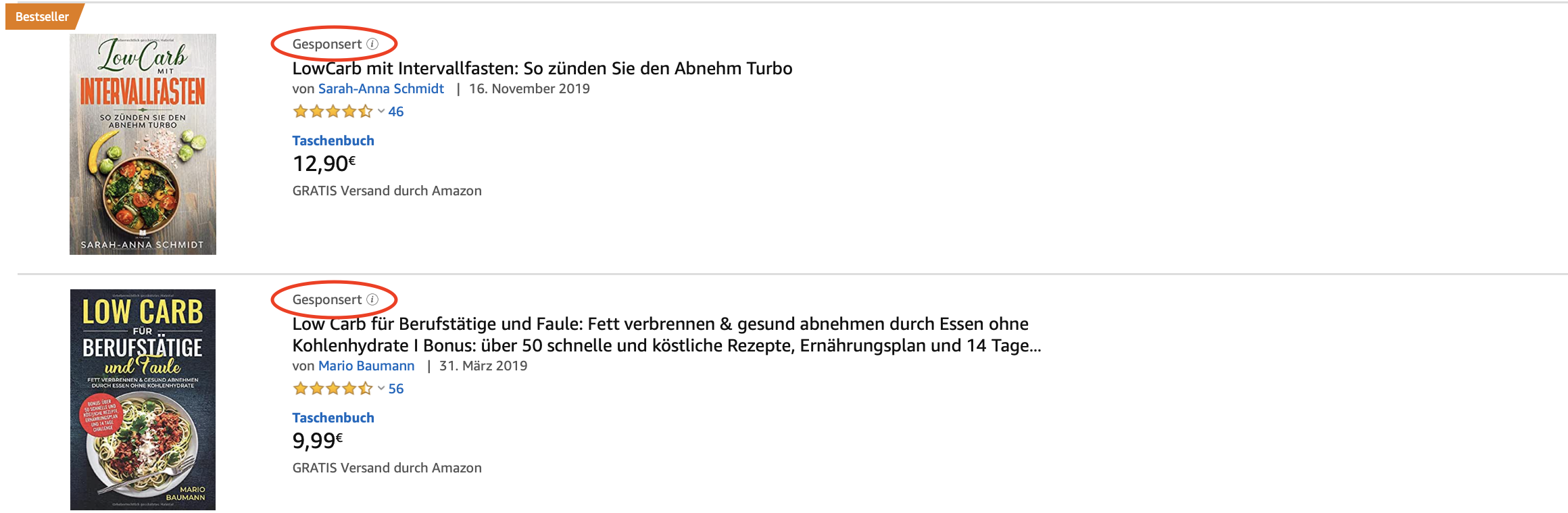 Sponsored Product Ads in Amazon Suchergebnissen