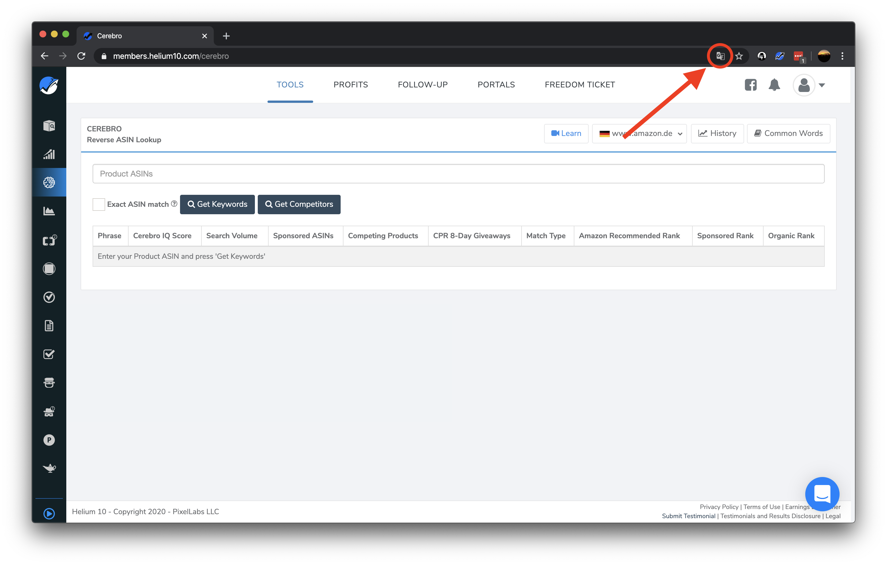 Helium 10 Cerebro übersetzen mit Google Chrome
