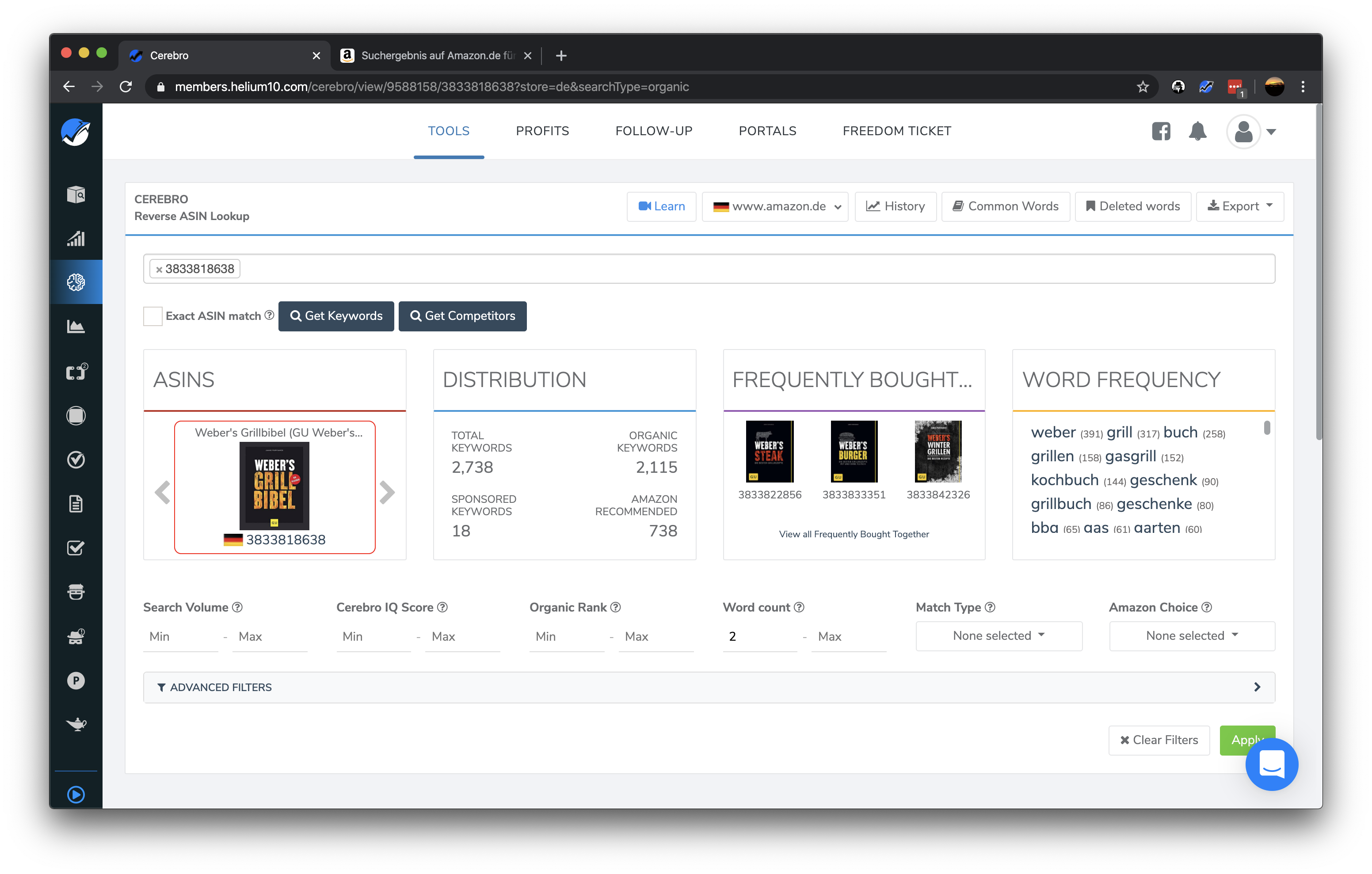 Helium 10 Cerebro Ergebnisse