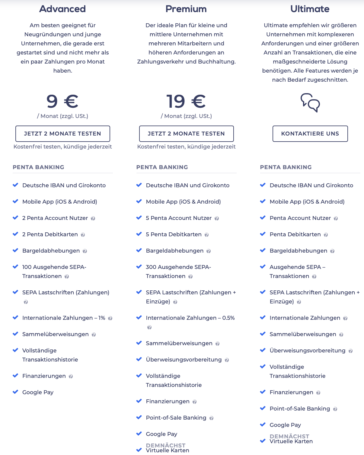 PENTA im Geschäftskonto Vergleich (Pricing-Modelle)