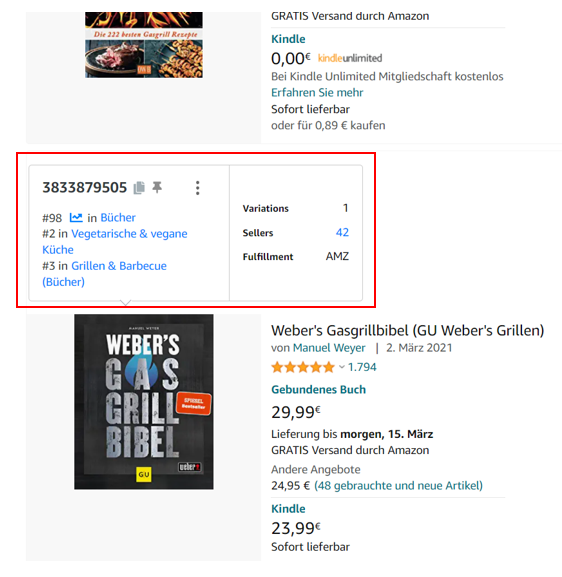 Abbildung der zusätzlich angezeigten Informationen auf der Amazon Seite