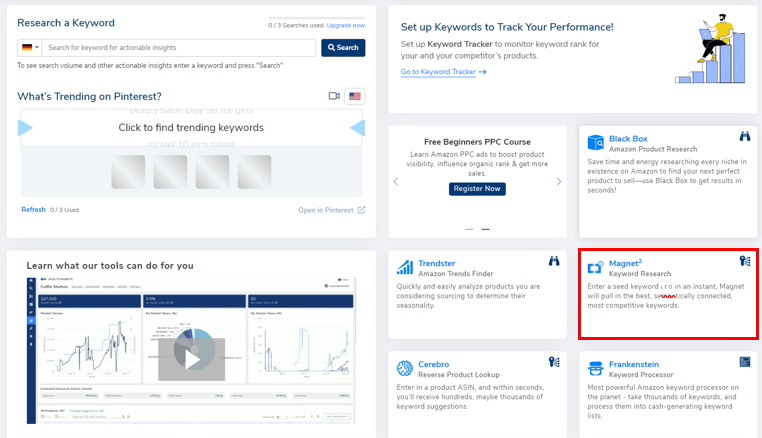 Screenshot Helium 10 Startseite