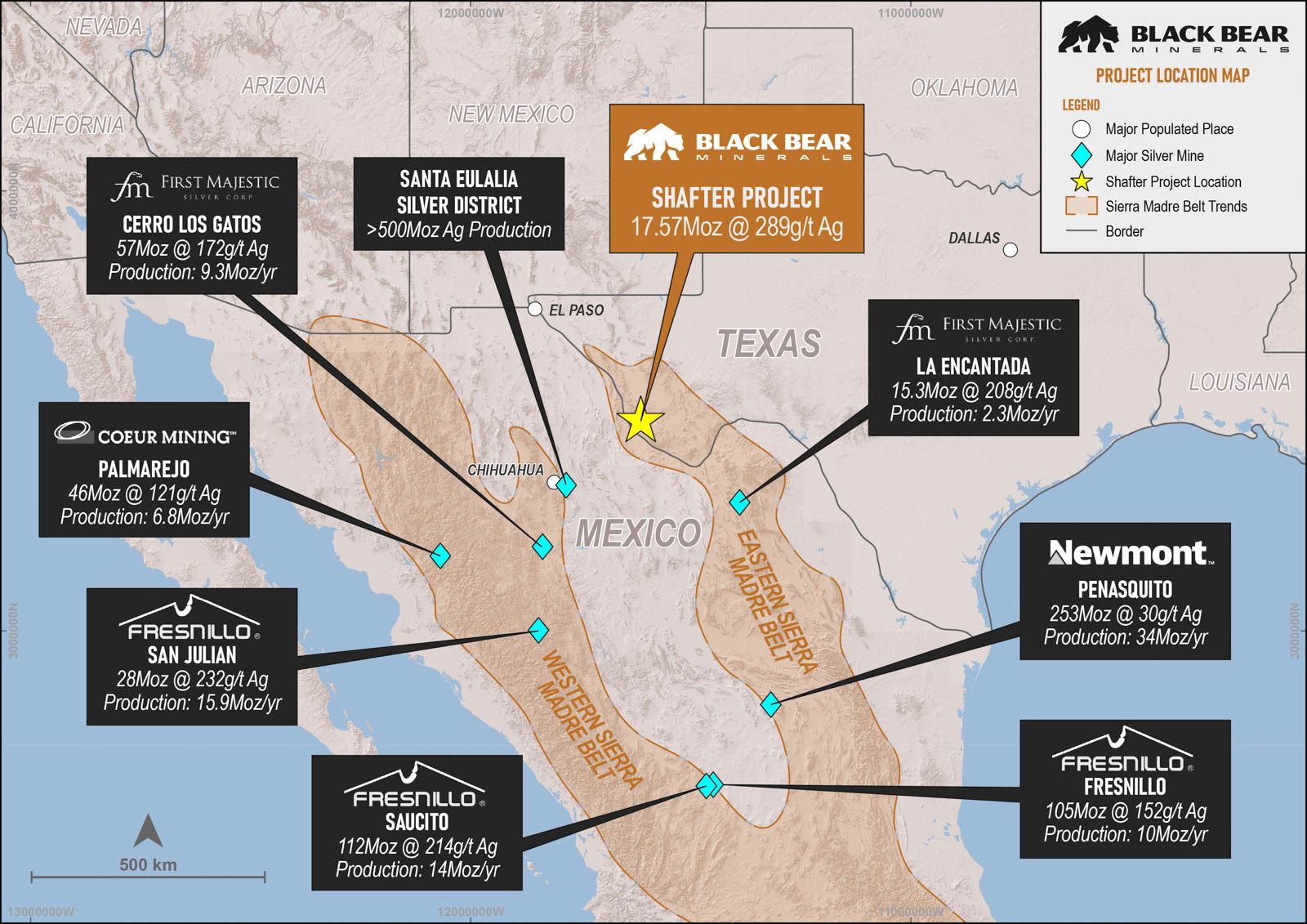 Map showing major silver mines and production in northern Mexico and nearby U.S. states, highlighting the Shafter Project location in Texas with a yellow star, along the Sierra Madre Belt trends.