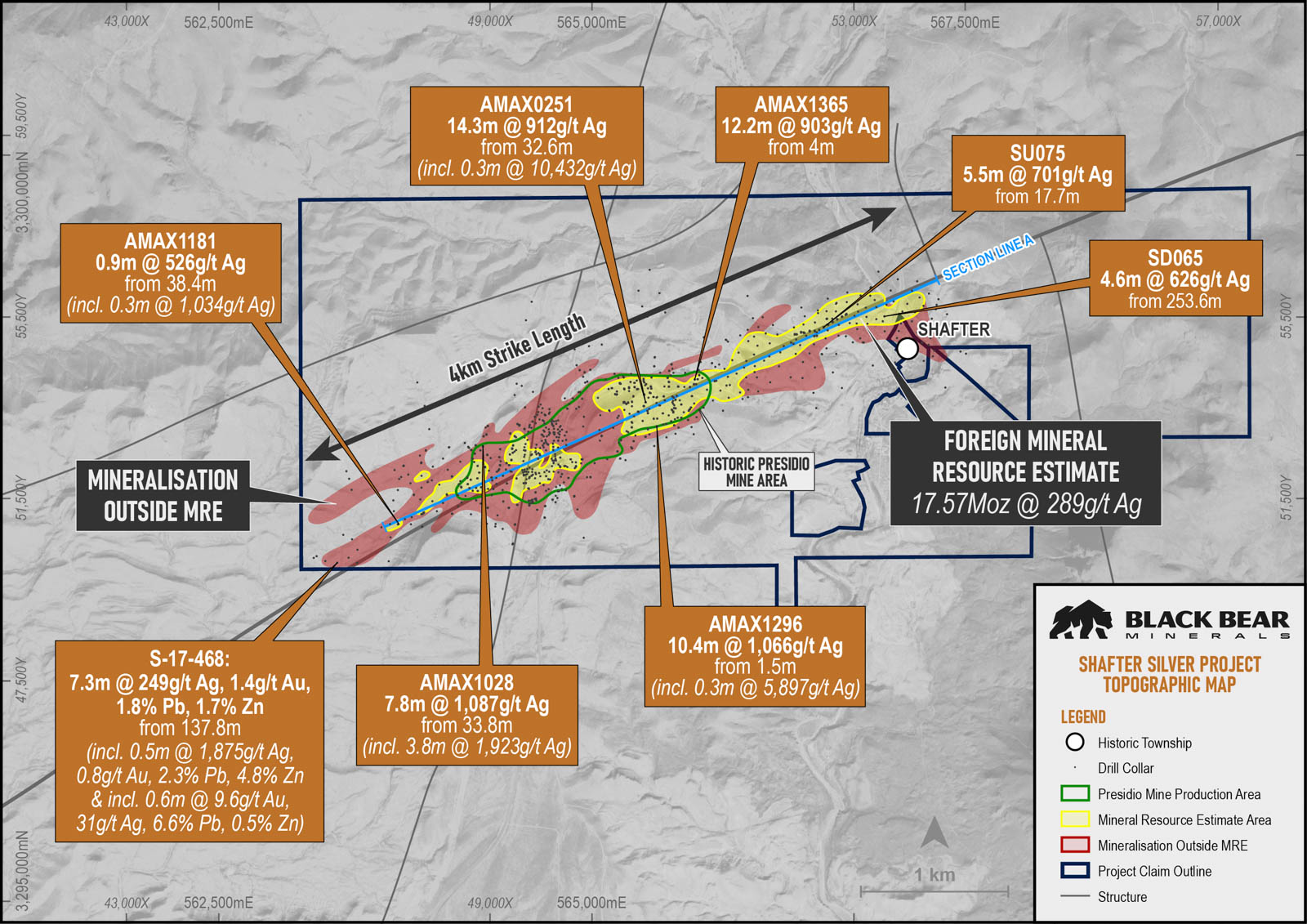 Topographic map of Shafter Silver Project showing drill results with silver grades, strike length, and mineral zones in colored overlays, including historic Presidio mine area and project claim outline.