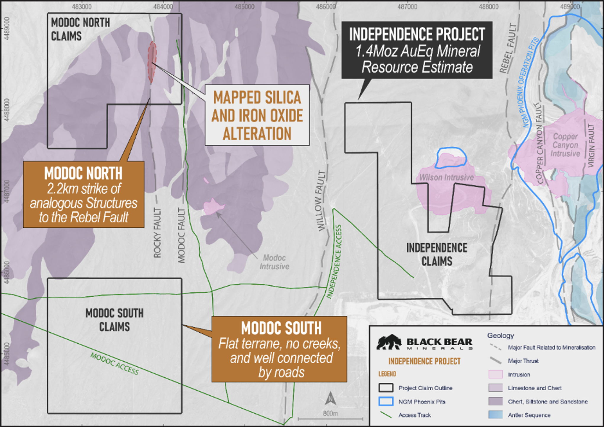 Map showing Modoc North and South claims and Independence claims with geological features, fault lines, intrusion zones, and access tracks for Black Bear Minerals Independence Project.